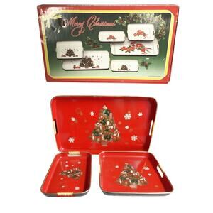Vintage Set of 3 Nesting Christmas Tree Tray Lacquerware Serving Trays Japan NIB